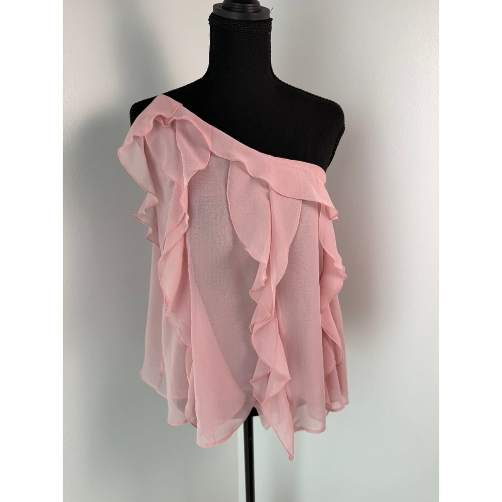 Coquette Dollette One Shoulder Asymetrical Baby Pink Chiffon Flowy Blouse L